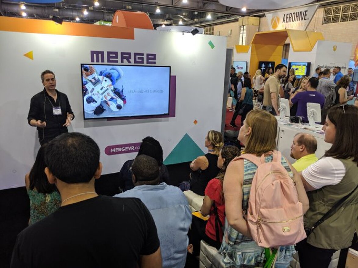 Merge presenting its products at education technology conference. The company says it is only investing in education content.